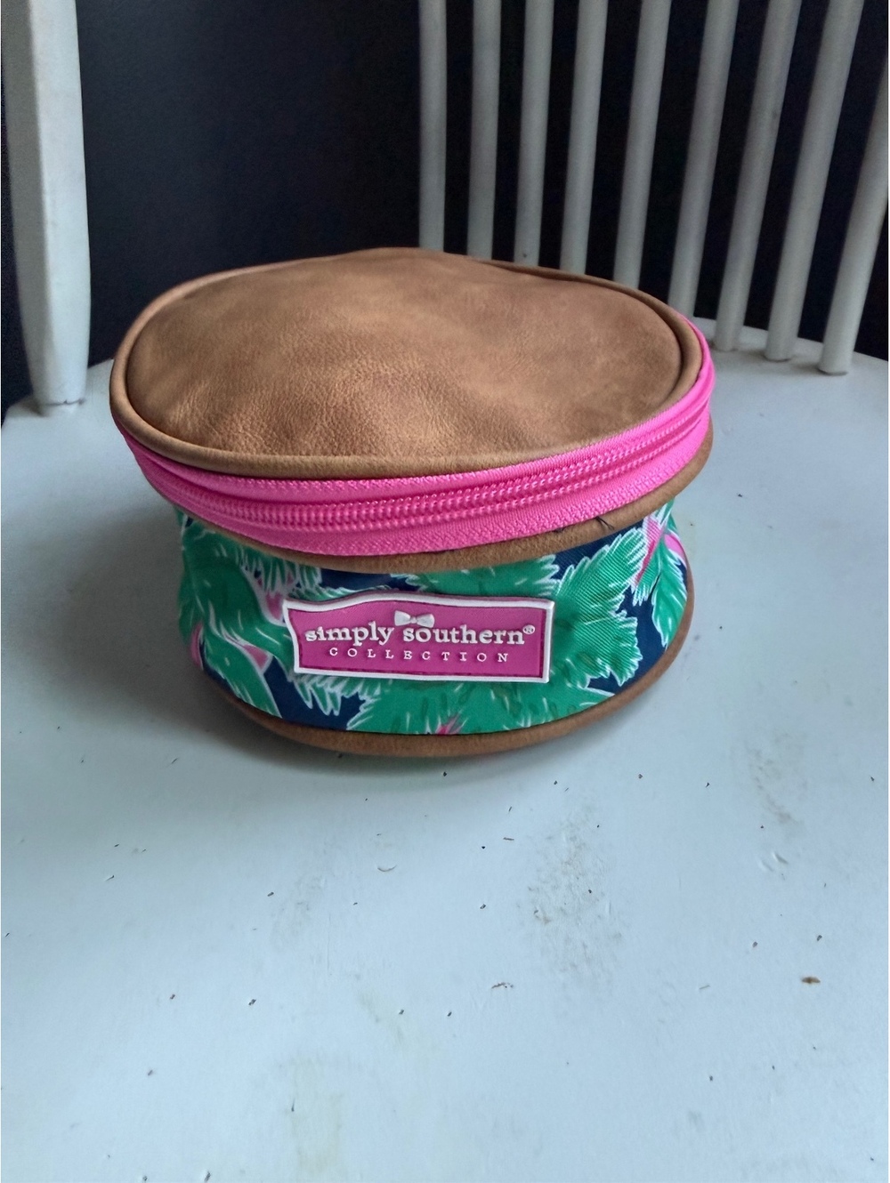 Simply Southern Collection Round Cosmetic Bag with Palm Tree Print and Pink Zips